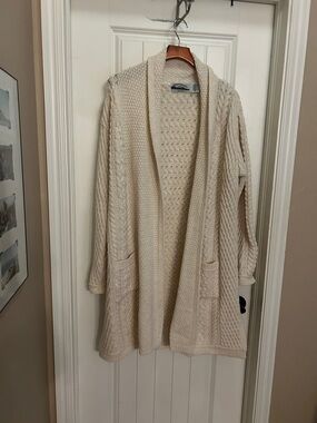 Aran Crafts Cream long Cable Knit Open Cardigan sweater